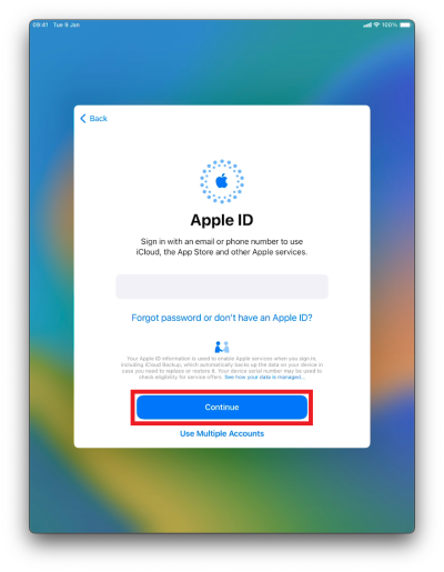 Enter Apple ID you created in the prerequisites. 