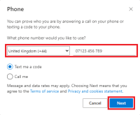 Select 'United Kingdom', enter your phone number and then select 'Next'