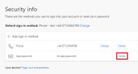 This page shows the methods set up for multi-factor authentication
